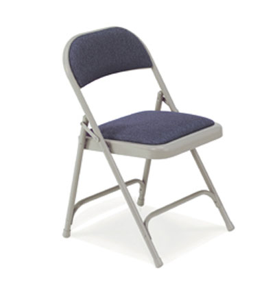 Folding chair with blue fabric upholstery and white metal frame