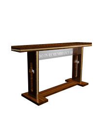 Tribute wooden communion table made of solid oak with brass trim and a ⅜” acrylic face