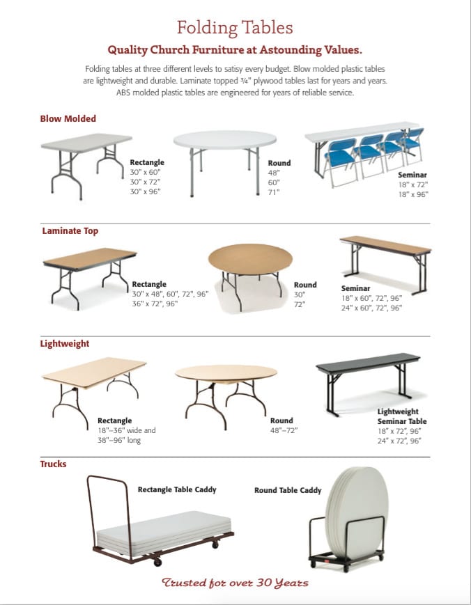 ChurchPlaza product catalog page 17 with folding table illustrations