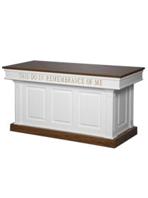 Two-tone colonial style wooden communion table with this do in remembrance of Me wording