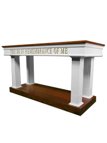 Open-style communion table with colonial two-tone colors featuring this do in remembrance of Me wording