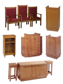 Pulpit grouping featuring three wooden pulpit chairs with red fabric, wooden lectern, wood flower stands, winged pulpit, and wooden altar