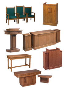 Pulpit set featuring three wooden pulpit chairs with green fabric, wooden lecterns, flower stands, wooden communion tables, and winged pulpit