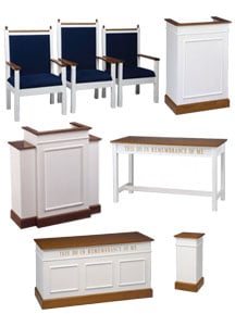 Colonial two-tone matching pulpit set featuring pulpit chairs, lectern, communion tables, winged pulpit, and flower stand