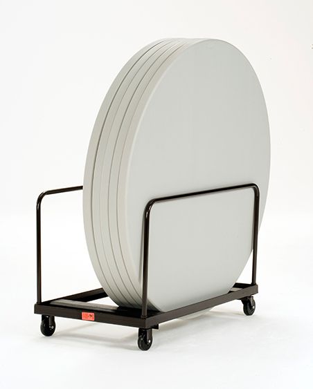 White round folding tables loaded onto a hand truck