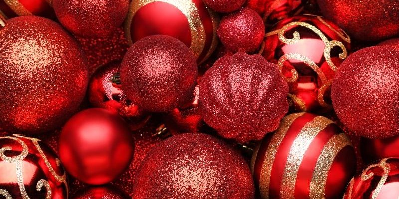 Assorted red Christmas ornaments