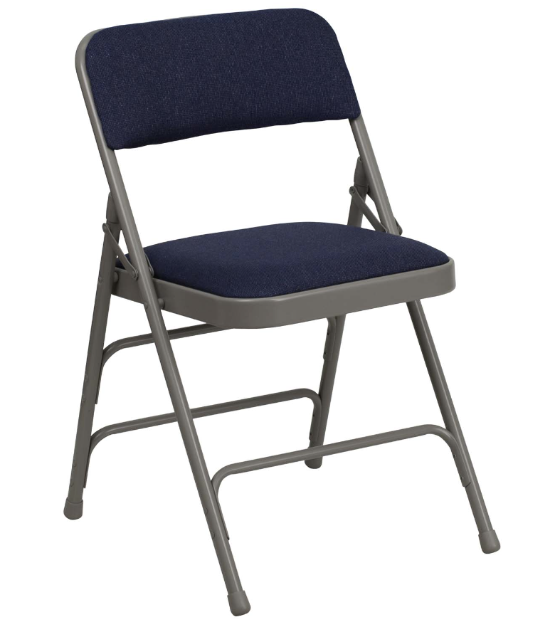 Folding chair with blue fabric upholstery and gray metal frame